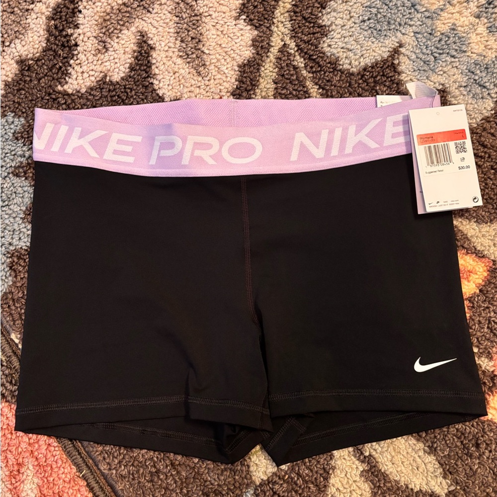 Nike Pro Black Shorts with Lavender Waistband- 3 in inseam